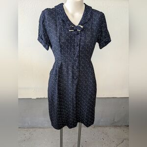 Vintage Navy Blue Polka Dot Dress Rayon Side Pockets Button Front Bow Size S